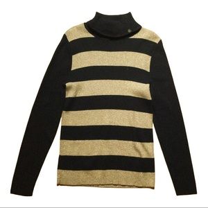 Lauren Ralph Lauren Black Striped Gold Metallic Turtleneck Sweater Size XL